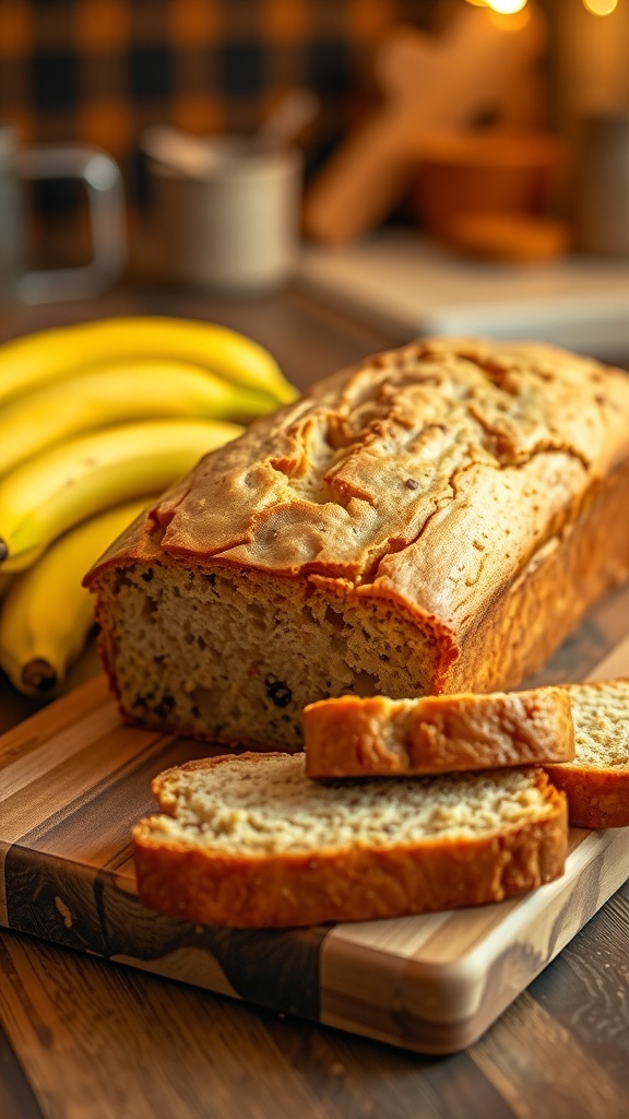 A loaf of golden brown banana bread on a cutting board with sliced pieces and ripe bananas.